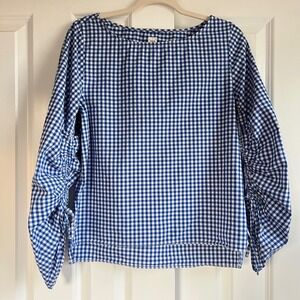GAP Blue White Cottagecore Farmhouse Gingham Check Tie Cuff Cotton Top Size  S